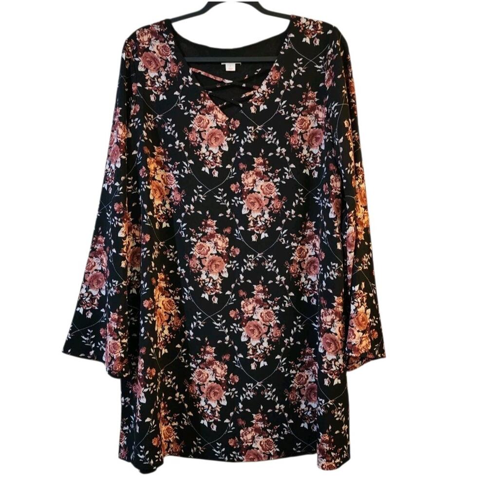 Xhilaration Womens Shift Dress Size L Floral Long Sleeve Chiffon Lined V-Neck